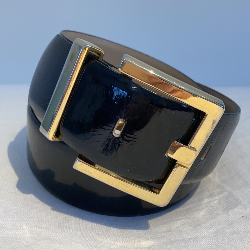 Black Patent Leather Belt with Gold Buckle - Women Accessories